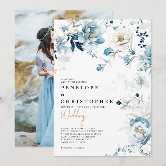 Stofbruine Blauwe Navy Witte Ivoor Gouden Bloem Br Kaart (Voorkant / Achterkant)