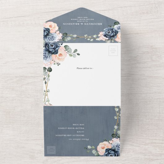 Stofbruine Blauwe Perzikroze Geometrische Bloemige All In One Uitnodiging (Buitenkant)