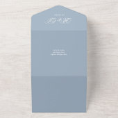 Stofbruine blauwe QR-code Art Deco Monogram Huweli All In One Uitnodiging (Buitenkant)