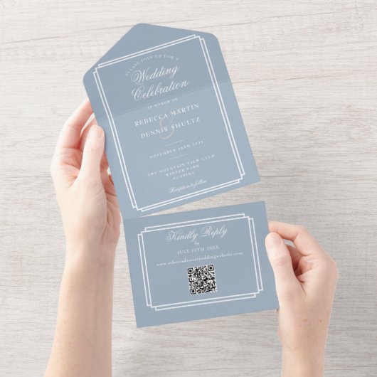 Stofbruine blauwe QR-code Art Deco Monogram Huweli All In One Uitnodiging (Afscheurbaar)