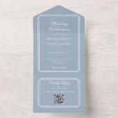 Stofbruine blauwe QR-code Art Deco Monogram Huweli All In One Uitnodiging (Binnen)