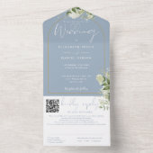 Stofbruine blauwe QR-code Gouden Boog Groene Bloem All In One Uitnodiging (Binnen)