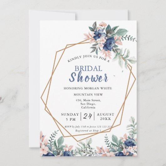 Stofbruine Blauwe Roze Bloem Gouden Frame Bruidsdo Kaart (Voorkant)