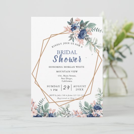 Stofbruine Blauwe Roze Bloem Gouden Frame Bruidsdo Kaart (Staand voorkant)