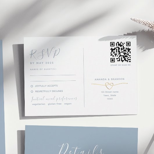 Stofbruine Blauwe RSVP Kaart met QR Code Huwelijk