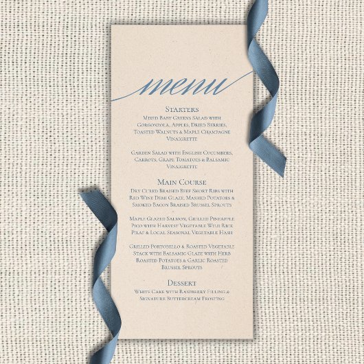 Stofbruine Blauwe Script Typografie Bruiloft Menu