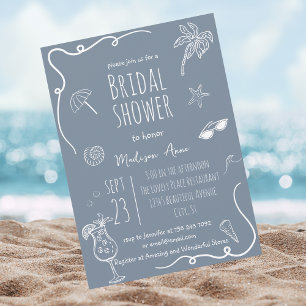 Stofbruine Blauwe Strand Doodles Bruidsfeest Kaart