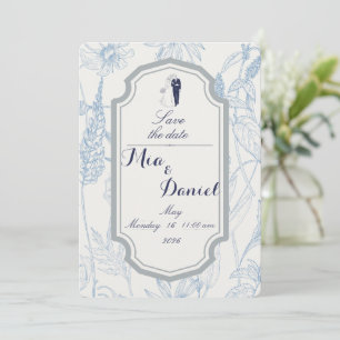 Stofbruine Blauwe Toile Save the Date Huwelijk