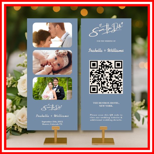 Stofbruine Blauwe Trouwfoto QR-code Elegant