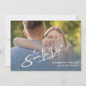 Stofbruine Blauwe Trouwfoto QR-code Elegant Save The Date (Voorkant)
