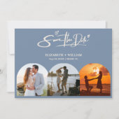 Stofbruine Blauwe Trouwfoto QR-code Elegant Save The Date (Voorkant)