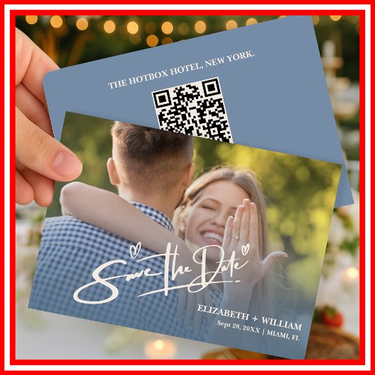 Stofbruine Blauwe Trouwfoto QR-code Elegant Save The Date
