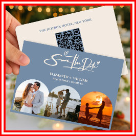 Stofbruine Blauwe Trouwfoto QR-code Elegant Save The Date