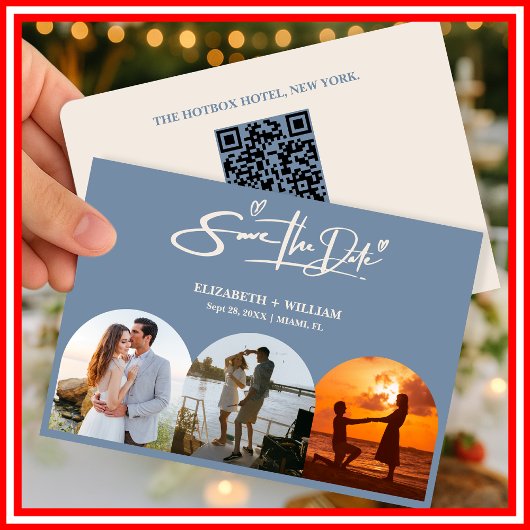 Stofbruine Blauwe Trouwfoto QR-code Elegant Save The Date