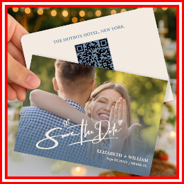 Stofbruine Blauwe Trouwfoto QR-code Elegant Save The Date