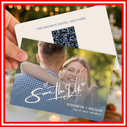 Stofbruine Blauwe Trouwfoto QR-code Elegant Save The Date