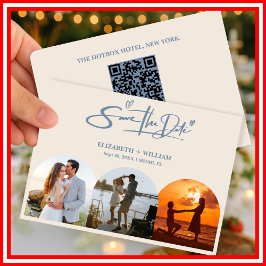 Stofbruine Blauwe Trouwfoto QR-code Elegant Save The Date