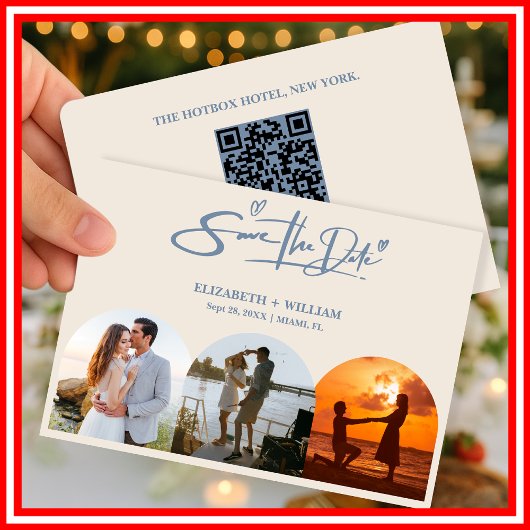 Stofbruine Blauwe Trouwfoto QR-code Elegant Save The Date