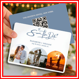 Stofbruine Blauwe Trouwfoto QR-code Elegant Save The Date