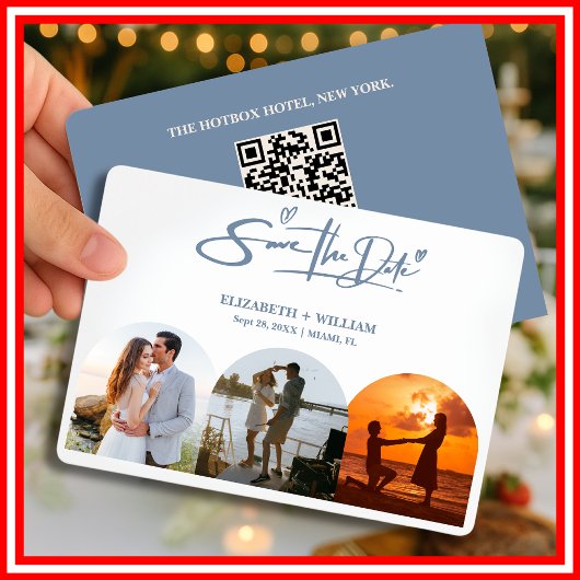Stofbruine Blauwe Trouwfoto QR-code Elegant Save The Date