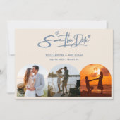 Stofbruine Blauwe Trouwfoto QR-code Elegant Save The Date (Voorkant)
