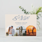 Stofbruine Blauwe Trouwfoto QR-code Elegant Save The Date (Staand voorkant)