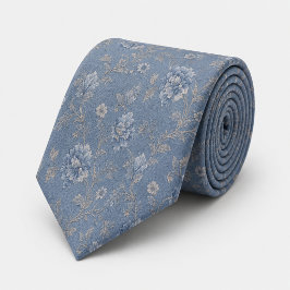 Stofbruine Blauwe Vintage Bloem Jacquard Stropdas