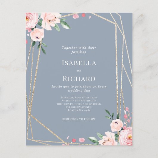 Stofbruine en roze bloemige trouwuitnodiging (Voorkant)