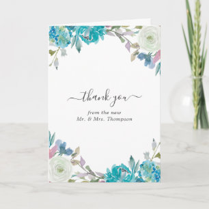 Stofbruine en turquoise bloemen trouwfoto bedankkaart