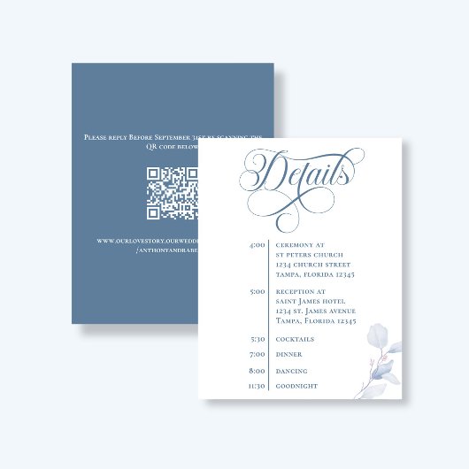 Stofbruine kalligrafie QR-code huwelijksdetails RSVP Kaartje