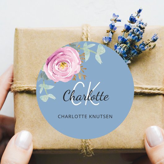 Stofbruine roze bloemige eucalyptus bedankt ronde sticker