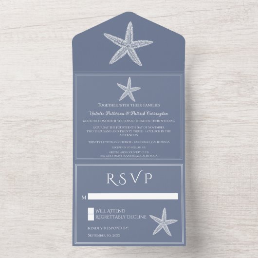 Stofbruine Zeester Bruiloft All In One Uitnodiging (Binnen)