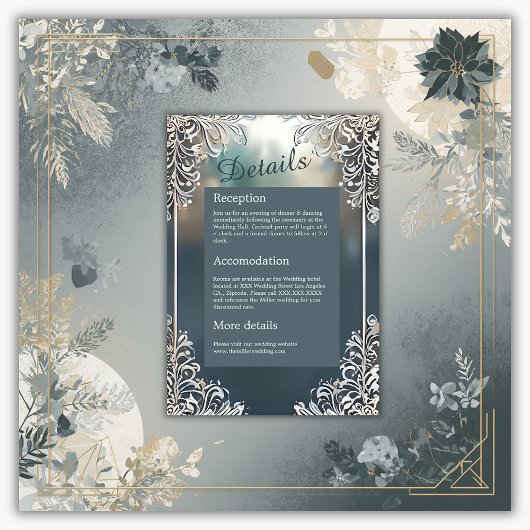 Stoffelijk blauw Art Deco  lijst bruiloft Informatiekaartje