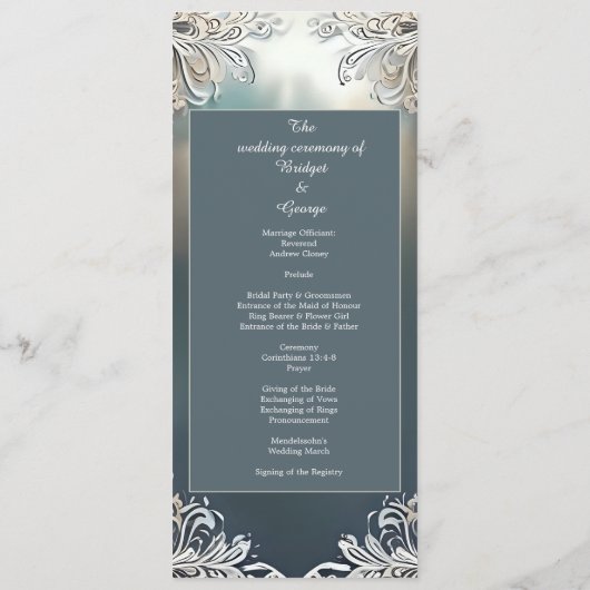 Stoffelijk blauw Art Deco  lijst bruiloft Programmakaart (Achterkant)