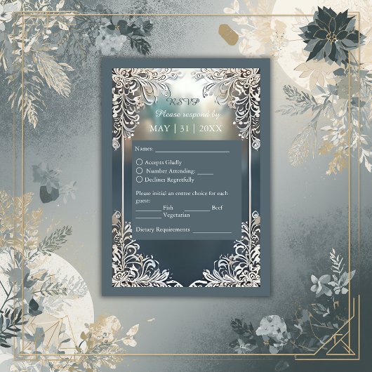 Stoffelijk blauw Art Deco  lijst bruiloft RSVP Kaartje