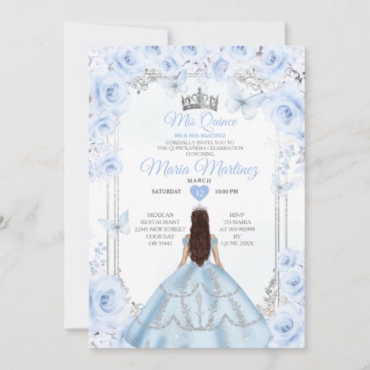 Stoffelijk Blauw Bloemen Prinses Mis Quince 15 Ano Kaart (Voorkant)