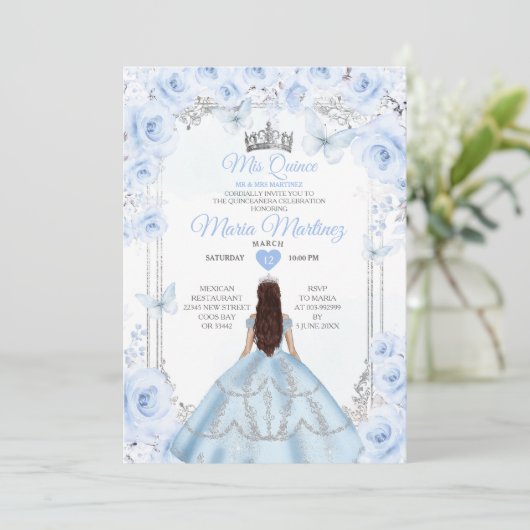 Stoffelijk Blauw Bloemen Prinses Mis Quince 15 Ano Kaart (Staand voorkant)