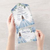 Stoffelijk Blauw Bloemen Prinses Quinceañera 15 An All In One Uitnodiging (Afscheurbaar)