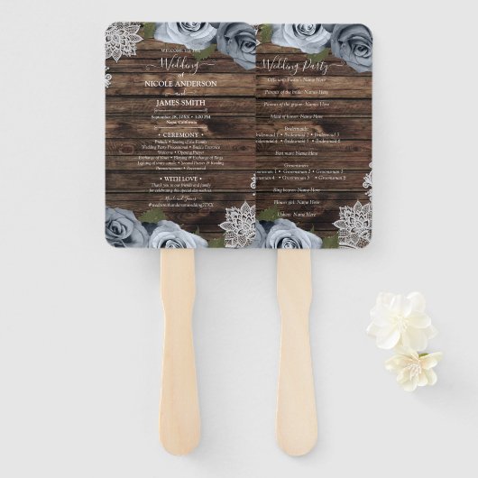 Stoffelijk Blauw Bloemen Rozen Rustieke Houten Kan Handwaaier (Voorkant en achterkant)