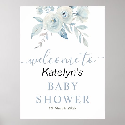Stoffelijk blauw bloemenbord baby shower welkomstb poster (Voorkant)