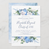 Stoffelijk blauw bloemengroen Modern Afstuderen Kaart (Voorkant / Achterkant)