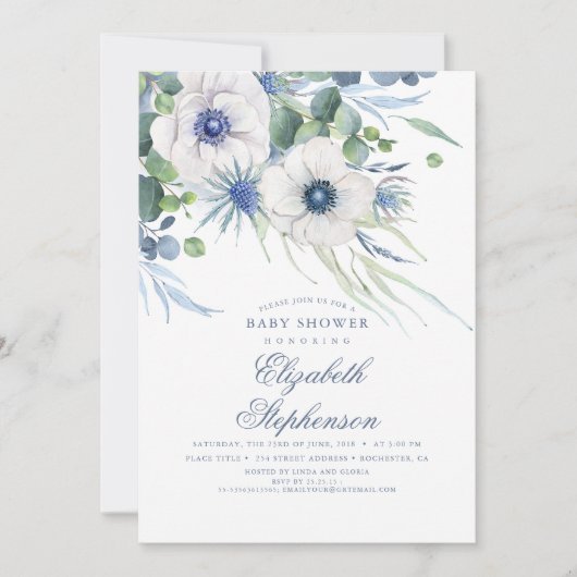 Stoffelijk blauw bloemengroen Modern Baby shower Kaart (Voorkant)