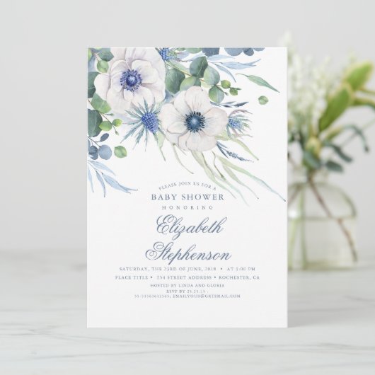 Stoffelijk blauw bloemengroen Modern Baby shower Kaart (Staand voorkant)