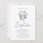 Stoffelijk blauw bloemenkruis doop kaart (Voorkant)