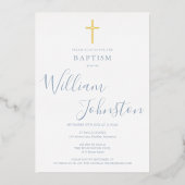 Stoffelijk Blauw Doopsel Elegant Goud Kruis Folie Uitnodiging (Voorkant)