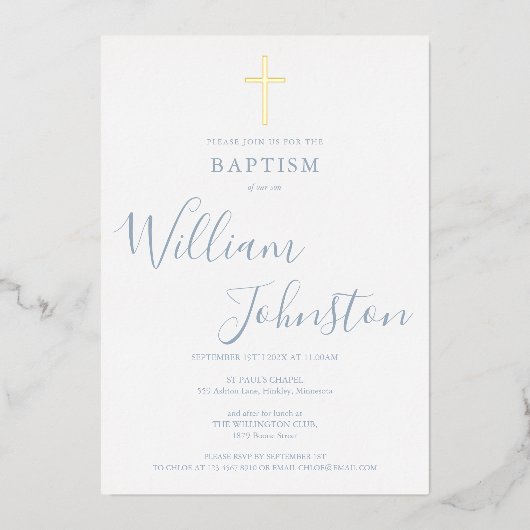 Stoffelijk Blauw Doopsel Elegant Goud Kruis Folie Uitnodiging (Voorkant)