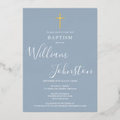 Stoffelijk Blauw Doopsel Elegant Goud Kruis Folie Uitnodiging (Voorkant)