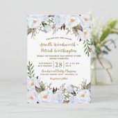 Stoffelijk Blauw en Goud  Bloemen Bruiloft Kaart (Staand voorkant)