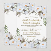 Stoffelijk Blauw en Goud  Bloemen Bruiloft Kaart (Voorkant / Achterkant)