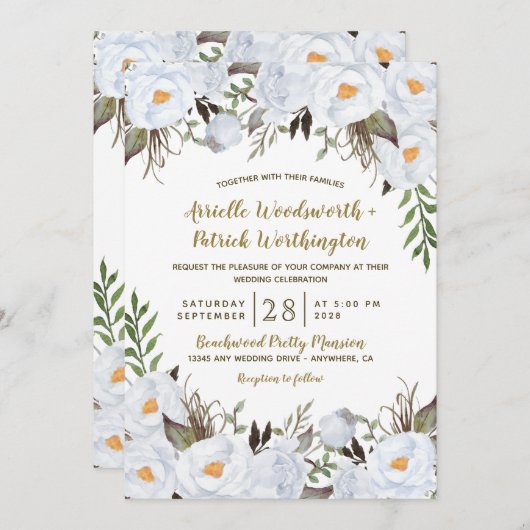 Stoffelijk Blauw en Goud  Bloemen Bruiloft Kaart (Voorkant / Achterkant)